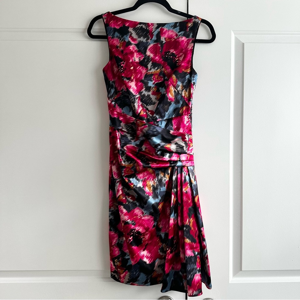 Maggy London Pink, Black and Grey Floral Satin Dress